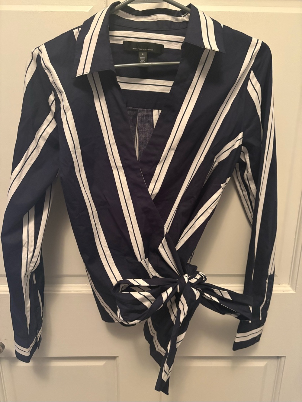 White House Black Market Navy & White Striped Wrap Blouse